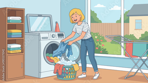 A joyful scene of a young woman cheerfully loading colorful laundry into a washing machine, showcasing the everyday task of laundry in a bright and vibrant indoor setting.