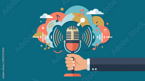 This vibrant illustration features a microphone surrounded by musical notes and sound waves, representing the dynamic world of audio production and creativity.