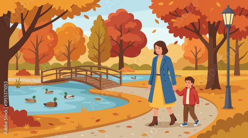 This warm illustration depicts a mother walking hand in hand with her child in an autumn park, capturing family bonding moments amid colorful fall foliage.