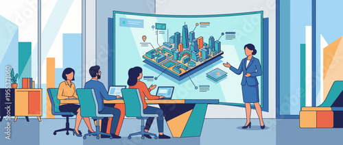 A professional team discusses plans for an innovative city project, using an interactive display to visualize structures, layouts, and strategic locations for urban development.