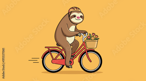 A whimsical, cartoonish sloth rides a colorful bicycle, bringing cheerful vibes as it carries a basket filled with flowers, embodying joy and carefree spirit in life.