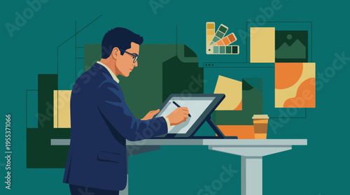 A focused professional uses a tablet to create a digital design in a modern workspace, demonstrating creativity and technology in the fields of art and corporate branding.