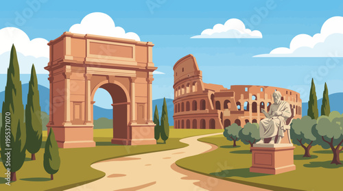 A vibrant scene featuring iconic structures like the Colosseum and an archway, set against a serene landscape that tells stories of historical significance and cultural heritage.