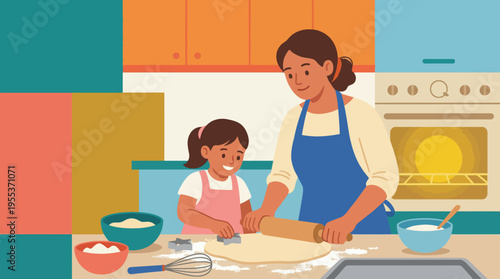 A joyful scene of a mother and daughter bonding while baking together, illustrating warmth and connection through shared activities that foster love and creativity in the kitchen.