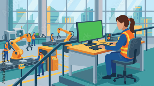 An engineer monitors robotic systems on an assembly line, showcasing the intersection of technology and industry, emphasizing innovation and productivity in factories.