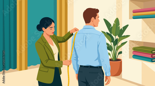 A tailor measuring a man for a suit emphasizes the personal touch in fashion, showcasing professionalism and attention to detail in a modern tailoring environment.