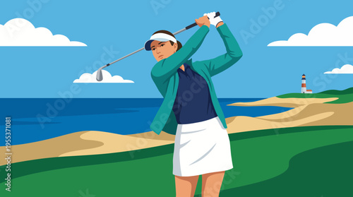A golfer in action, swinging on a coastal course with a lighthouse in the background, showcases the beauty of the sport and the tranquil environment of the coastline.