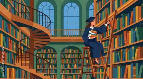 A graduate in academic regalia climbs a ladder to retrieve books in a grand library, symbolizing the pursuit of knowledge and the joy of learning amidst rich history.
