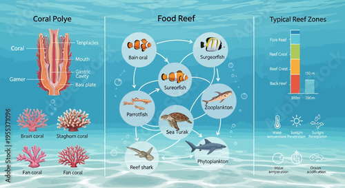 Educational Infographic of Coral Reef Ecosystem and Marine Life Food Web