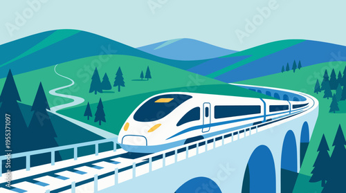A sleek high-speed train crossing a bridge over a green valley, embodying advancements in transportation technology and the beauty of nature in harmony with modern engineering.