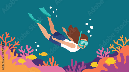 A woman immersed in a colorful underwater world while snorkeling, surrounded by lively fish and intricate coral formations, illustrating the beauty of marine exploration.