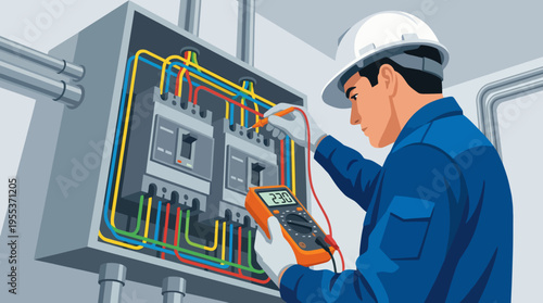 An electrician inspects circuit breakers using a multimeter, highlighting the importance of safety and precision in electrical work while showcasing necessary technical skills.