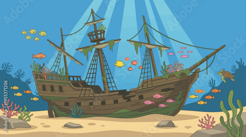 A picturesque scene of a sunken pirate ship enveloped by vibrant corals and playful fish, representing the mystery and beauty of underwater environments and their history.