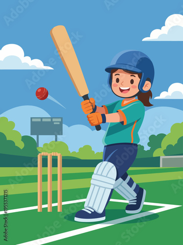 A cheerful girl is swinging her cricket bat in the lush field, ready to hit a ball, showcasing the spirit of sportsmanship and enjoyment of cricket in vibrant surroundings.