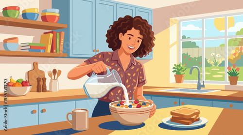 A smiling woman is pouring milk into a bowl of colorful cereal, reflecting a warm, inviting kitchen environment that highlights the joy of starting the day with a nutritious meal.