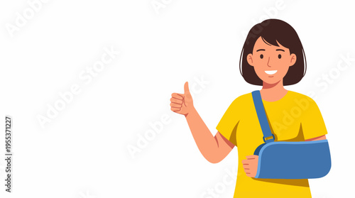 A young girl with a bright smile and arm in a sling is giving a thumbs-up gesture, embodying resilience and positivity despite her injury, set against a clean white background.