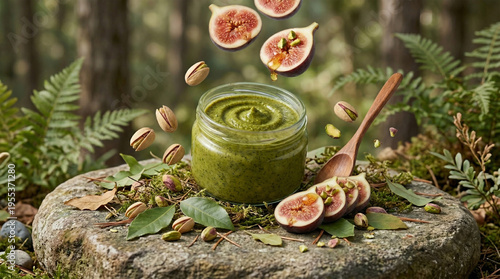 Earthy Natural Vibe
A pistachio butter jar placed outdoors on a stone with greenery around, soft natural light, earthy tones, eco-friendly and organic branding style