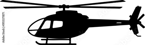 A black silhouette of a helicopter hovers in the air.