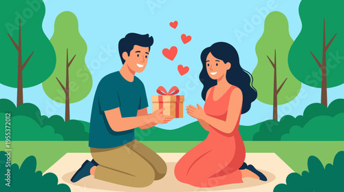A happy couple exchanges a beautifully wrapped gift in a serene outdoor environment, emphasizing love, connection, and celebration of special moments together.