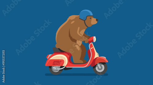 A playful illustration of a bear equipped with a helmet riding a vintage scooter, blending humor and whimsy in a lighthearted, cartoonish art style.