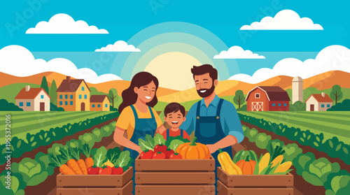 A joyful family poses with a colorful bounty of vegetables on a sunny farm, showcasing togetherness and the rewards of hard work in nature's beauty.