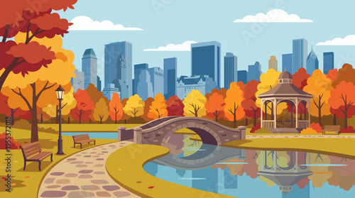 A picturesque autumn landscape featuring colorful foliage, a serene park pond, and a stunning urban skyline, capturing the essence of seasonal beauty and city life.