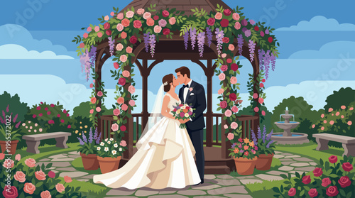 A couple shares a loving kiss beneath a floral gazebo, surrounded by vibrant flowers, symbolizing romance, commitment, and the joy of a wedding celebration outdoors.