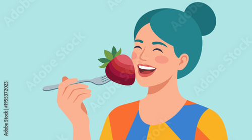 A woman joyfully bites into a big strawberry with a fork, showcasing her delight and the pleasure of fresh, ripe fruits, emphasizing health and happiness.