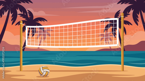 A stunning beach volleyball net set against a picturesque sunset, complete with palm trees, creating a perfect scene for outdoor sports and tropical adventures.