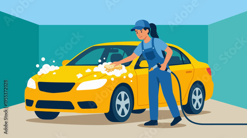 A woman happily cleans a bright yellow car using a sponge and a hose, showcasing the joy of maintaining a vehicle and the pride in personal care and cleanliness.
