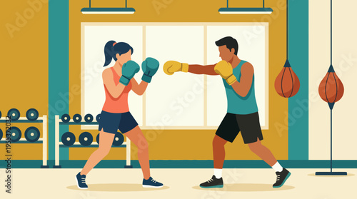 Two individuals engaged in an intense boxing training session, showcasing their skills and athleticism in a gym environment filled with boxing equipment.