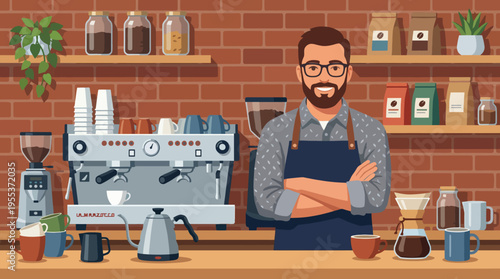 A friendly barista stands confidently in a stylish café, surrounded by coffee equipment and decorative items, capturing the essence of coffee culture and hospitality.