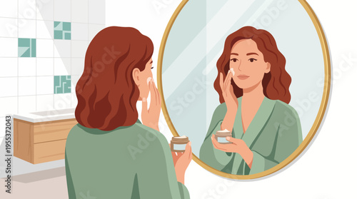 A woman with flowing hair applies skincare cream in front of a mirror, emphasizing daily self-care routines and the importance of personal grooming in modern life.