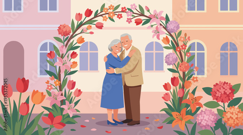 An affectionate elderly couple stands amidst a floral arch, smiling happily at the camera, capturing the essence of love, companionship, and lasting relationships.