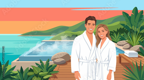 A happy couple clad in bathrobes stands near a hot tub surrounded by lush greenery, epitomizing relaxation and romance in a serene, picturesque environment.