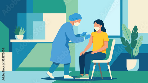 This illustration represents a healthcare professional administering a vaccine to an individual in a modern clinic, emphasizing the importance of health, safety, and vaccination.