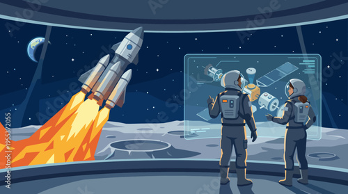 This image captures a futuristic space launch scene with astronauts observing a rocket taking off against the backdrop of Earth and a starry sky, showcasing exploration.