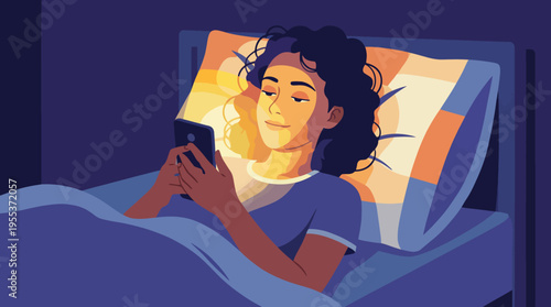This artistic image portrays a relaxed young woman lying in bed and using her smartphone at night, capturing the blend of modern technology and comfort in daily life.