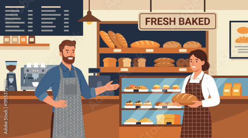 This delightful image shows a friendly interaction between a baker and a customer in a warm bakery setting, celebrating the joy of fresh bread and community connection.
