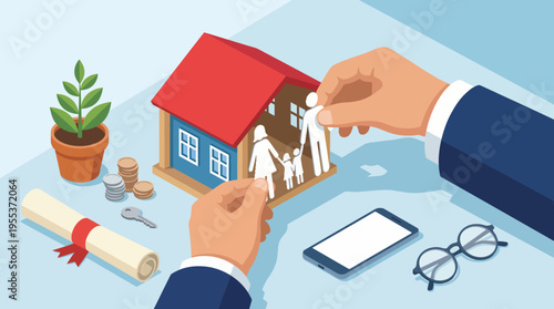 This conceptual illustration depicts a person assembling a paper family inside a miniature house, symbolizing homeownership, family unity, security, and aspirations.
