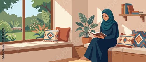 A serene indoor reading space features a woman in a hijab enjoying a book while sunlight streams through a large window showcasing a beautiful garden outside.