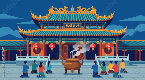 A vibrant scene at a traditional Asian temple shows worshipers kneeling and offering prayers, capturing the spiritual essence and beauty of cultural devotion and heritage.