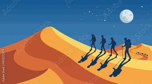 A group of hikers ventures across golden sand dunes beneath a clear night sky filled with stars and the moon, symbolizing adventure and exploration in nature's beauty.
