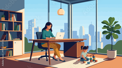 A working mother uses her laptop in a modern home office while her young daughter plays with building blocks, highlighting a balance between work and family life.