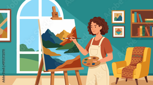 A young woman artist stands in an art studio, painting a vibrant mountainous landscape on canvas while holding a palette of colors, representing creativity and passion.