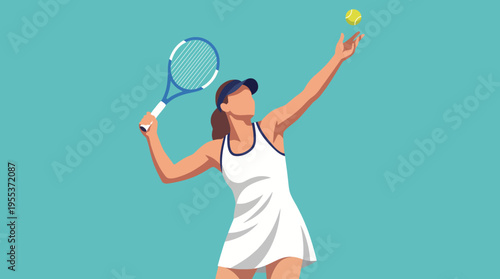 A dynamic illustration of a female tennis player serving a tennis ball, showcasing athleticism and determination on a vibrant turquoise background in a minimalistic style.