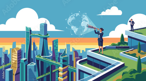 A modern illustration portraying a businesswoman looking through a telescope at a futuristic cityscape, representing forward-thinking, innovation, and global progress in urban development.