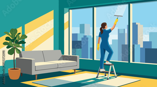 A dedicated woman stands on a ladder cleaning large windows, ensuring a clear view of the urban skyline while promoting cleanliness and a fresh living space indoors.