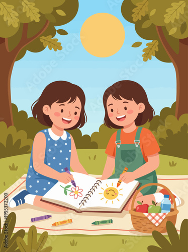 A delightful illustration of two children happily drawing and engaging in creative play outdoors, surrounded by nature, representing joy, friendship, and imagination.