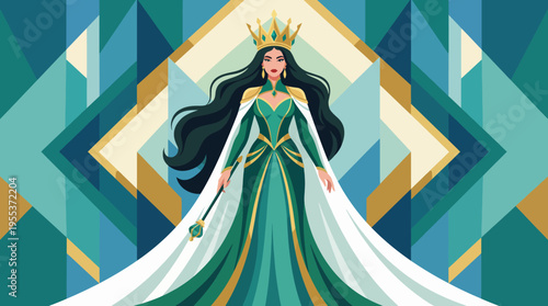 A majestic queen in an elegant gown and crown depicted in modern artistic style, representing power, confidence, and femininity with vibrant geometric background.